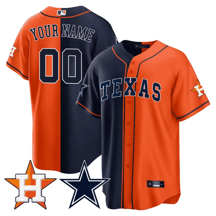 Custom Houston Astros Jersey Orange Split Design Navy Blue Cool Base All Stitched