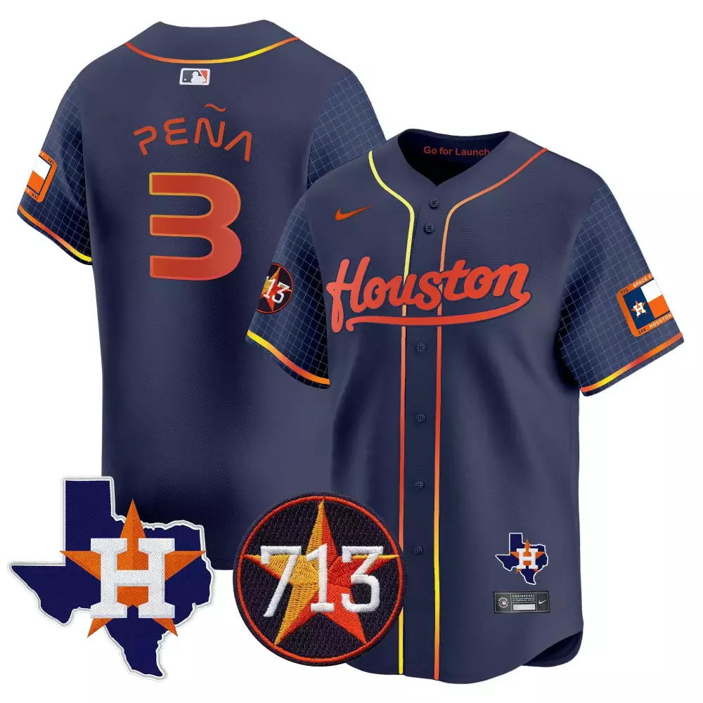 Jeremy Pena 3 Houston Astros Jersey Navy Space City Texas Map Men Orange Yellow Vapor