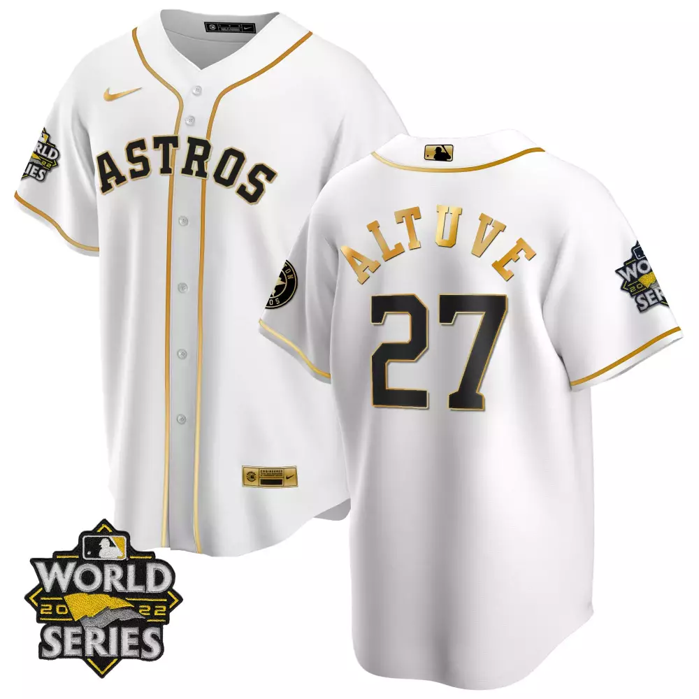 Jose Altuve 27 Astros Jersey White 2022 World Series Men Gold Black Stitched