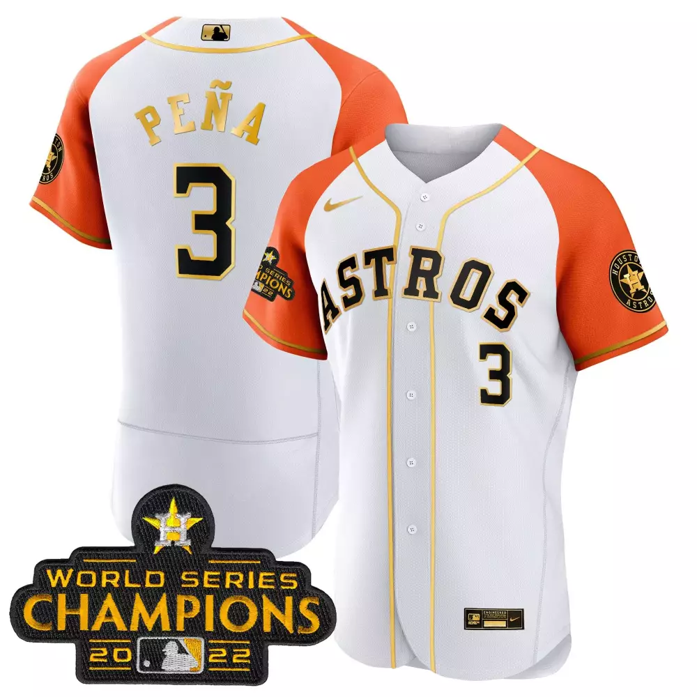 Peña 3 Astros Jersey White World Series Champions 2022 Men Orange Gold All Stitched