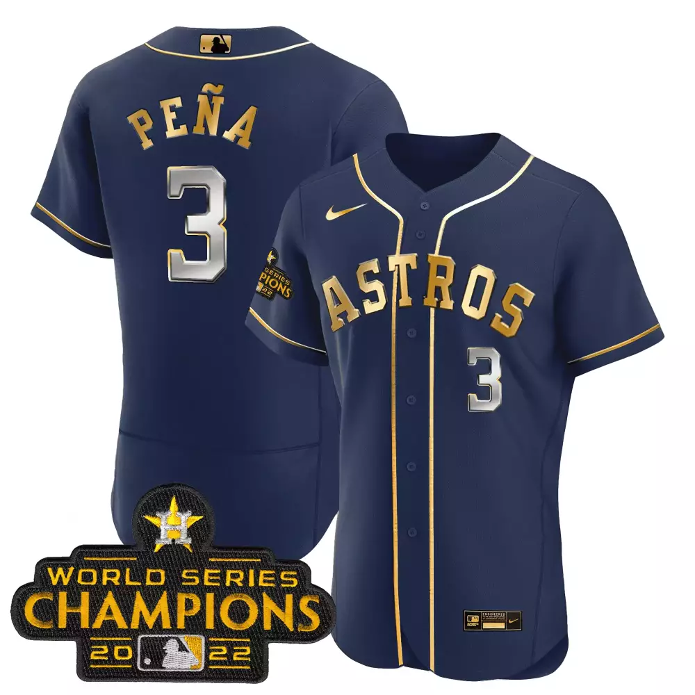 Jeremy Pena 3 Astros Jersey Navy World Series Champions 2022 Men Gold Flex Base Collection