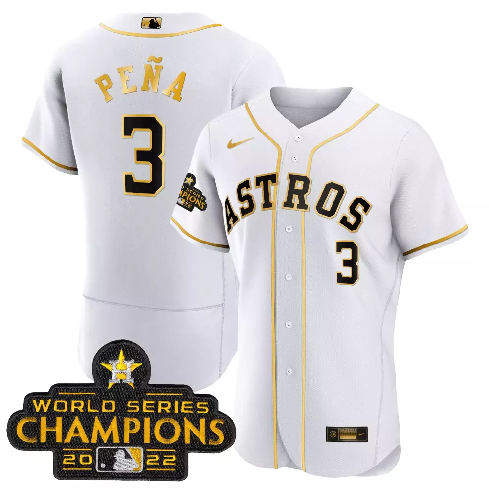 Jeremy Pena 3 Astros Jersey White World Series Champions 2022 Men Gold Black Flex