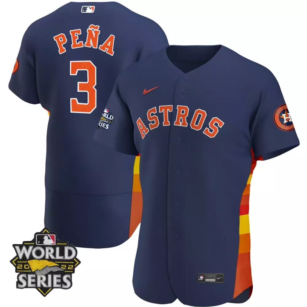 Jeremy Pena 3 Astros Jersey Navy 2022 World Series Men Split Design Orange Yellow