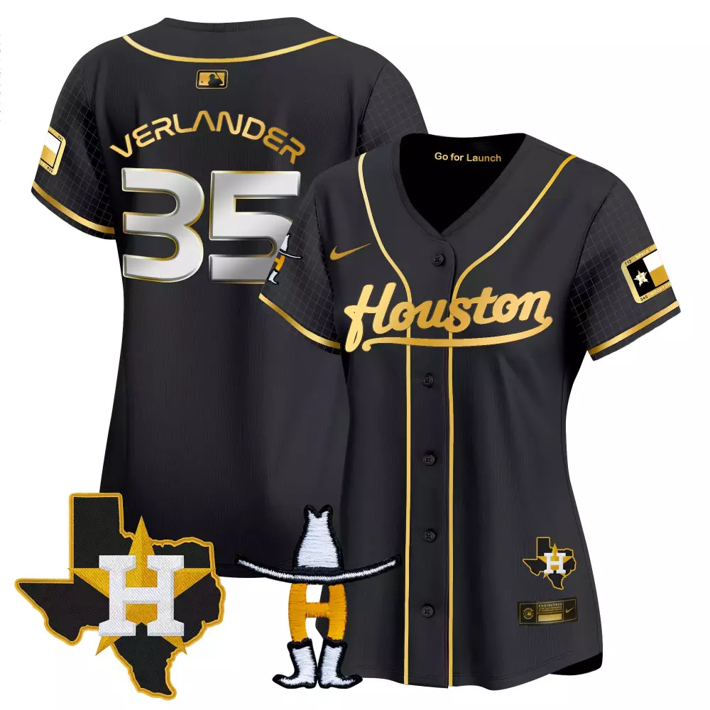 Justin Verlander 35 Jersey Black Go For Launch Houston Astros Texas Flag Men Gold