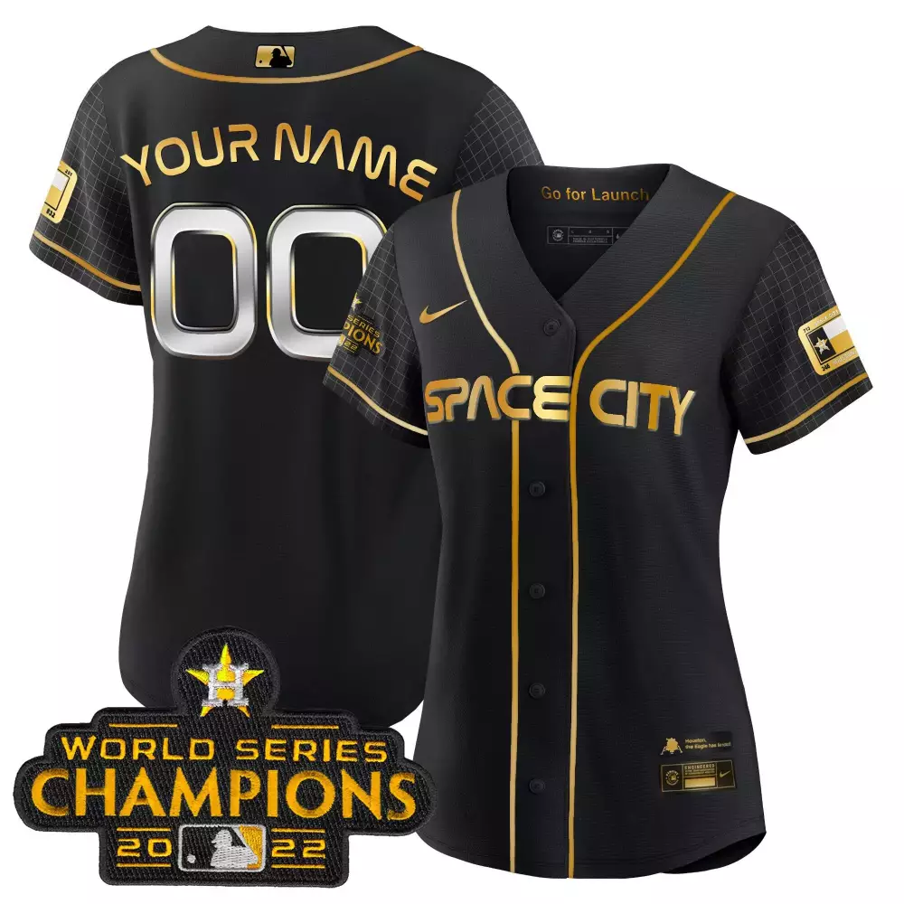 Custom Space City Jersey Black World Series Champions 2022 Gold All Stitched Vapor