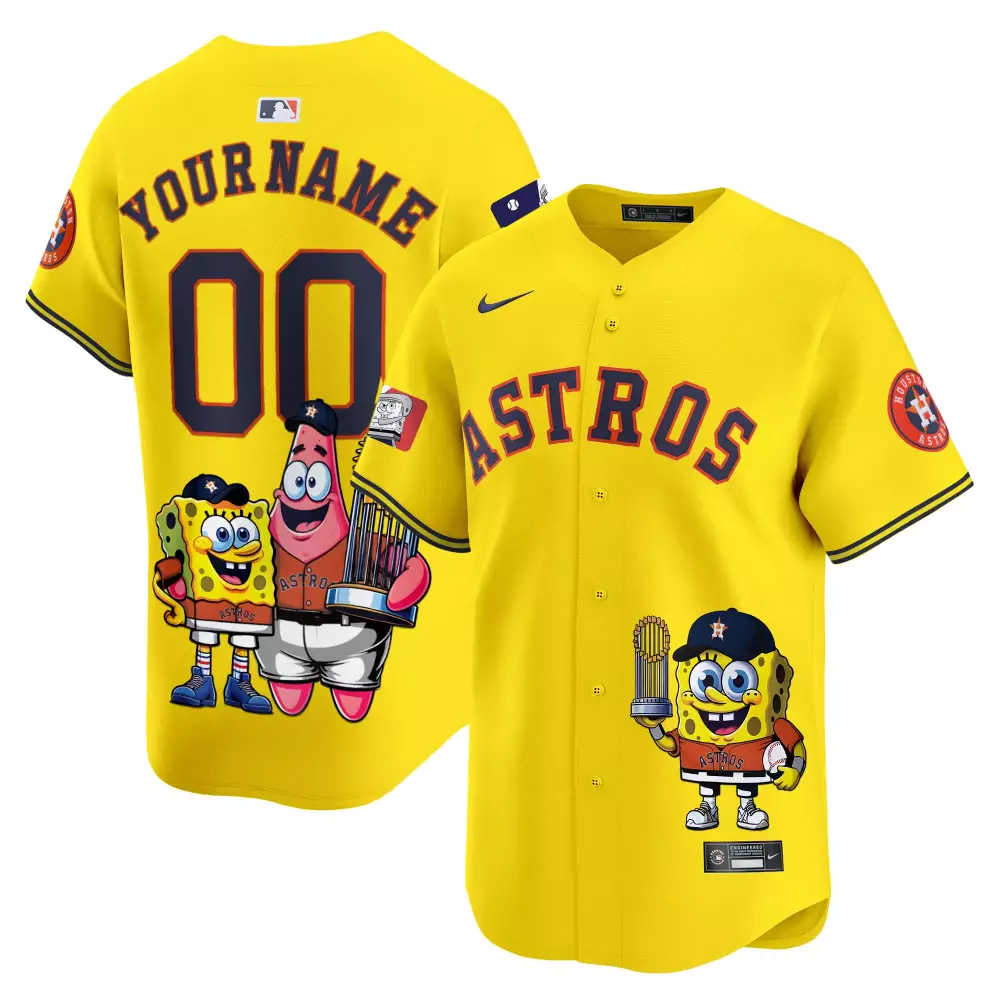 Custom Astros Jersey Yellow Spongebob Squarepants Team Patrick Holding Trophy 2024