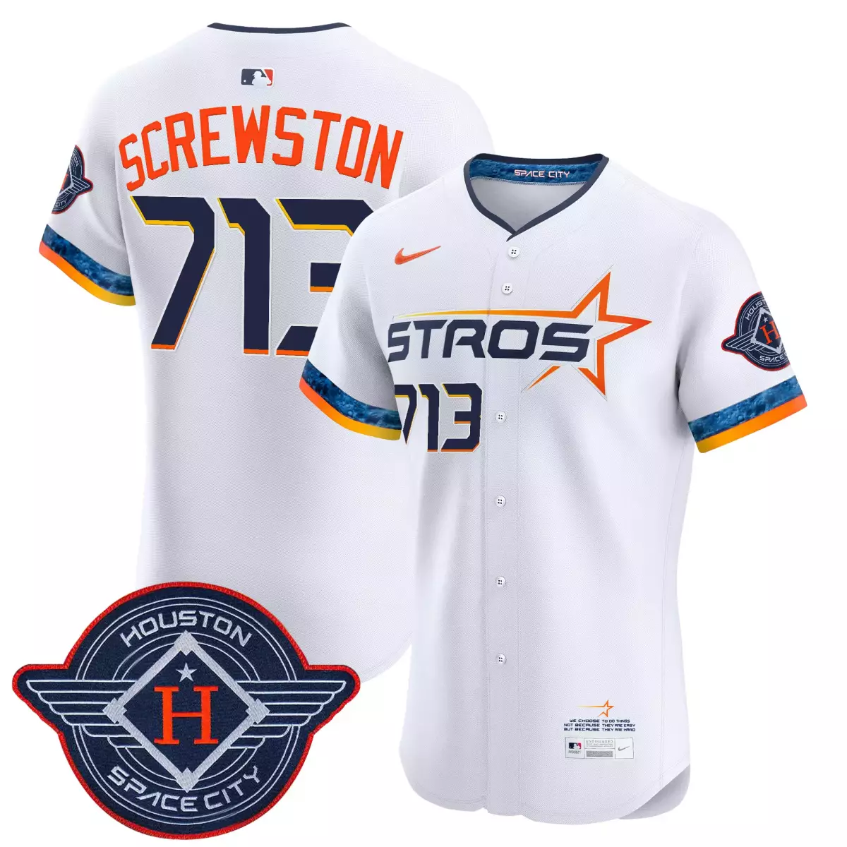 Screwston Astros Jersey White Space City Houston 2023 Men Replica Navy Orange Yellow
