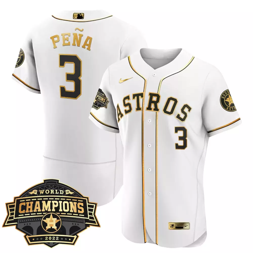 Jeremy Pena 3 Astros Jersey White World Series Champions 2022 Men Gold Black Flex