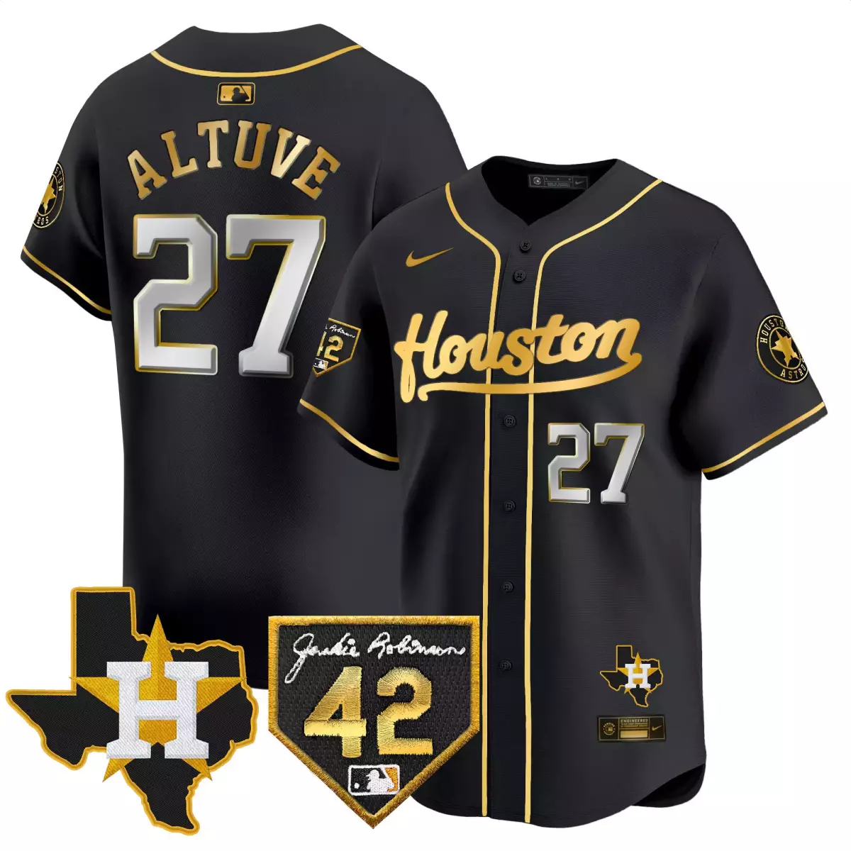 Altuve 27 Houston Astros Jersey Black Jackie Robinson Day 42 Texas 'h' Men Gold White