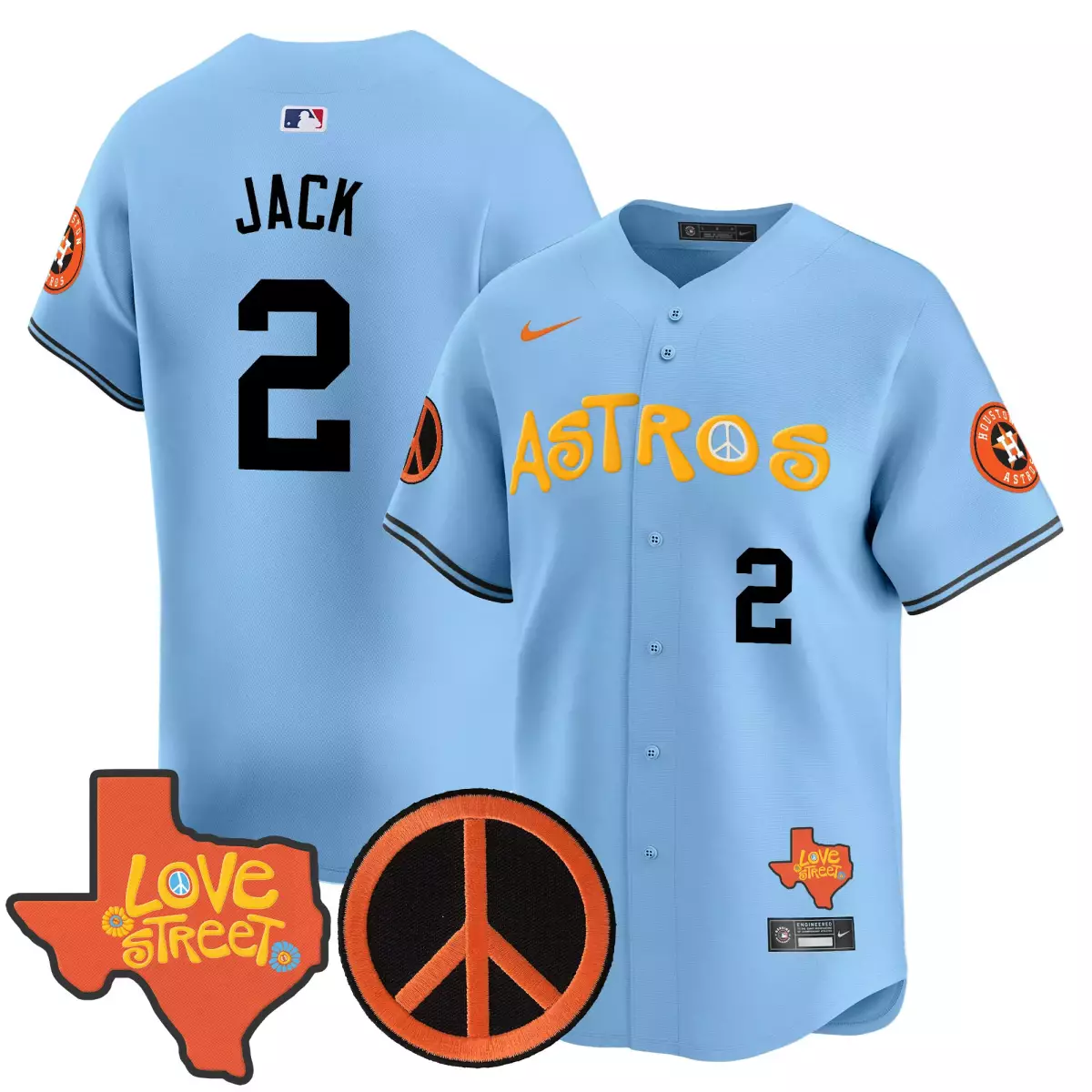 Jack Love 2 Astros Jersey Light Blue Street Texas Peace Sign Men Yellow Black Vapor