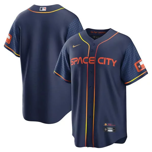 Space City Houston Astros Jersey Navy Blue Texas Flag Men Orange Yellow Cool Base