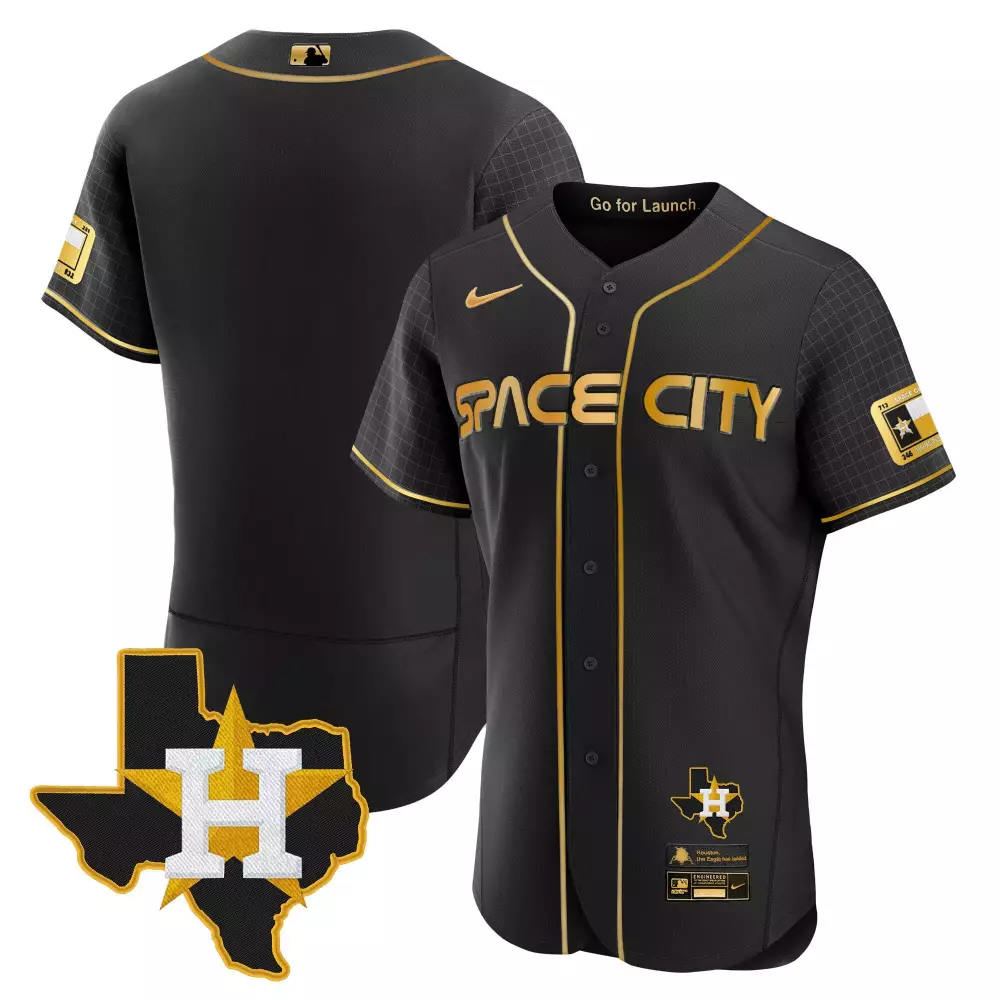 Space City Houston Astros Jersey Black Texas State Tx Men Gold Flex Base All Stitched
