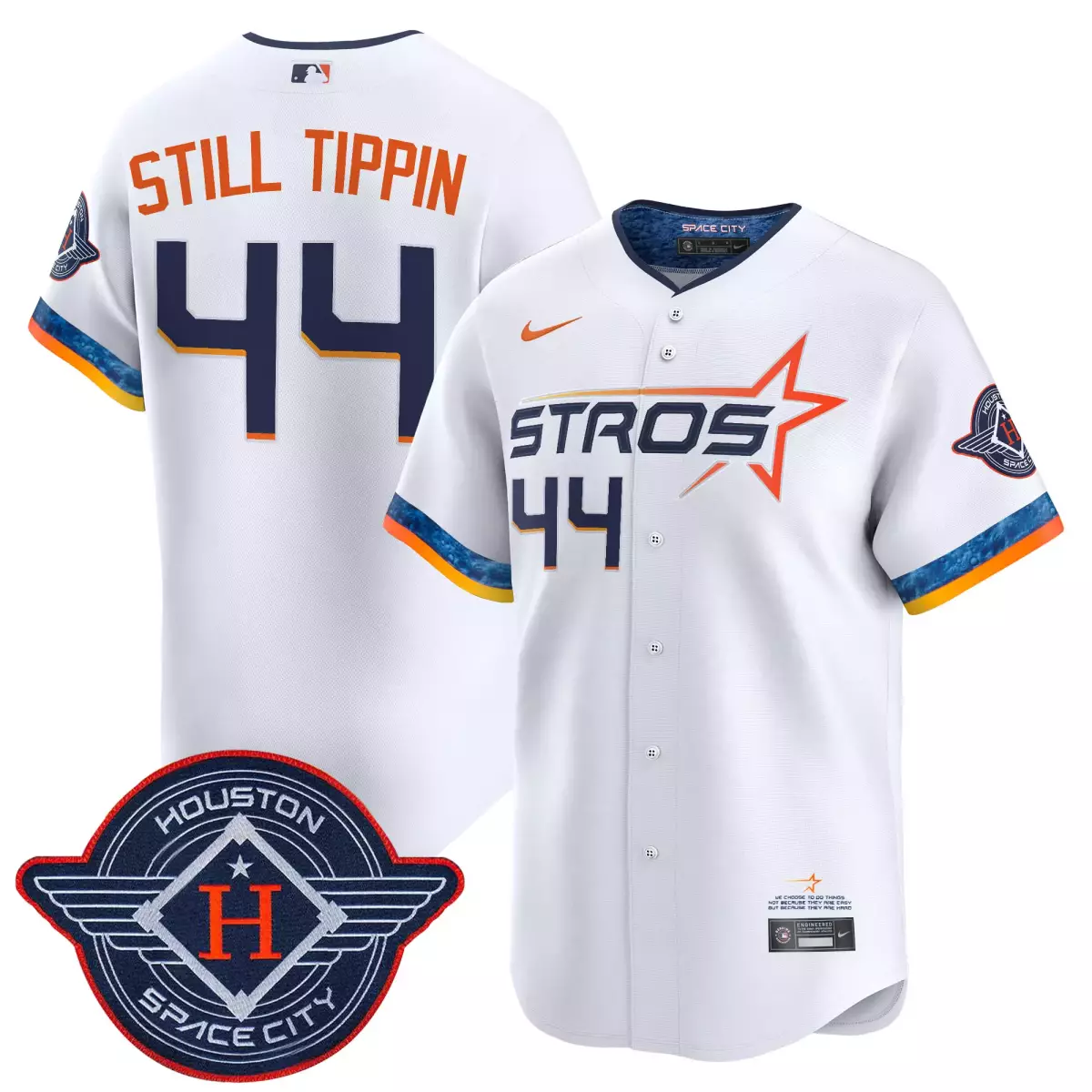 Still Tippin 44 Astros Jersey White Space City Houston 2023 Men Navy Orange Yellow