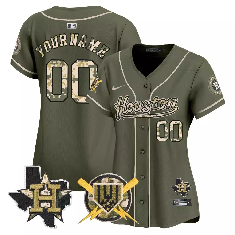Custom Houston Astros Jersey Olive Green Salute To Service Texas Outline Men White