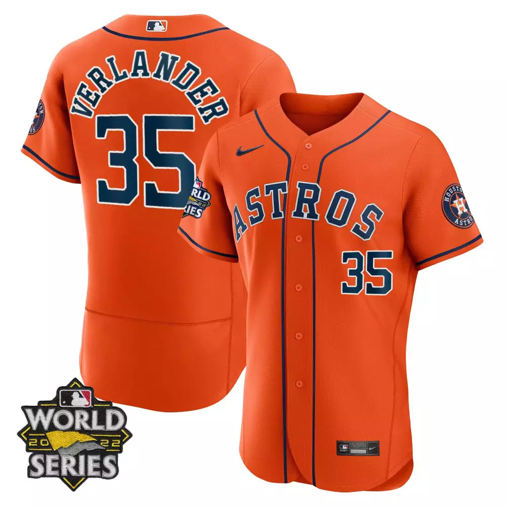 Justin Verlander 35 Astros Jersey Orange World Series 2022 Men Navy Blue All Stitched
