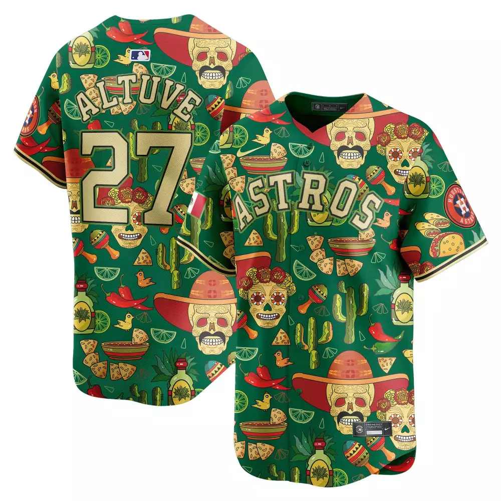 Jose Altuve 27 Astros Jersey Green Cinco De Mayo Men Player Custom Design Gold Red