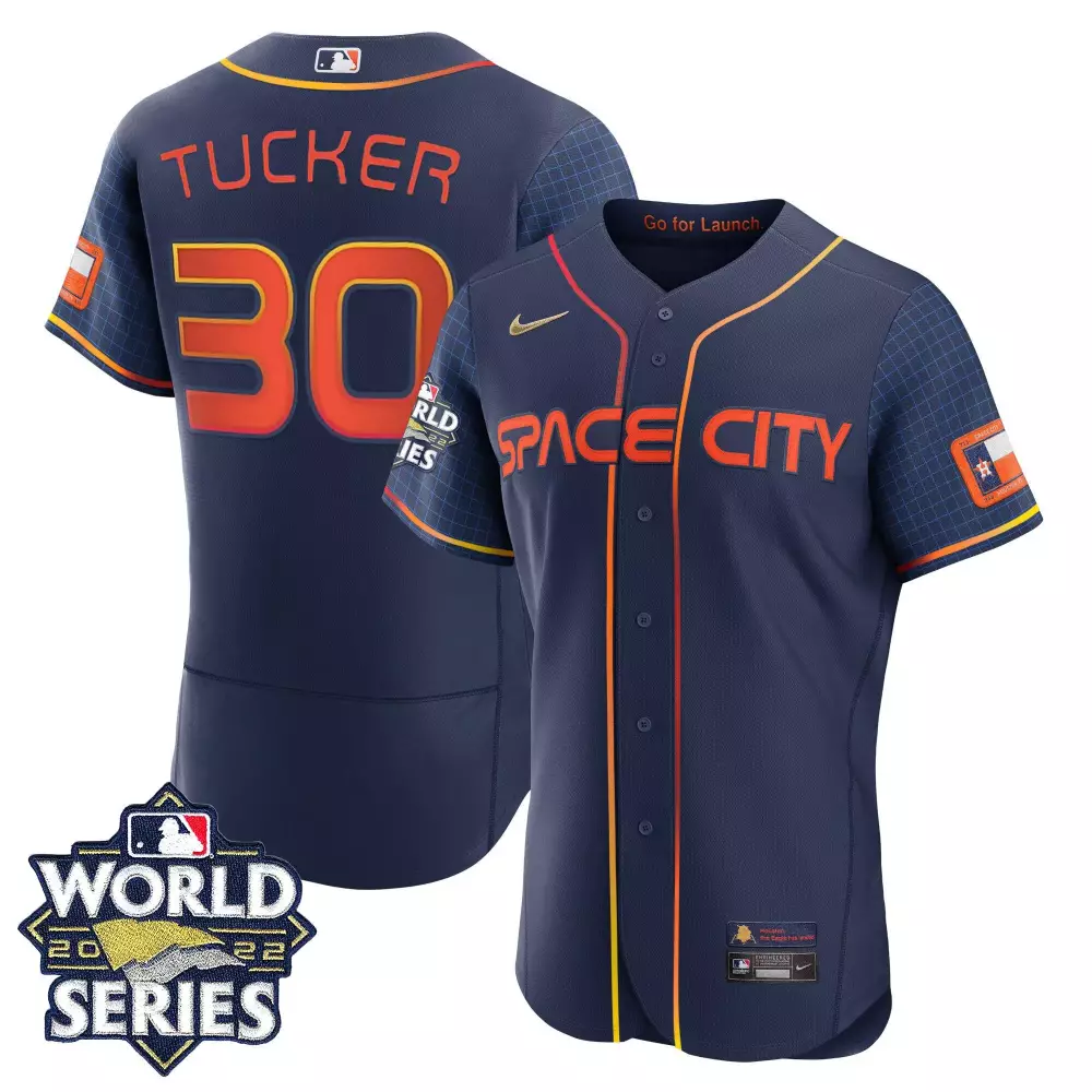 Kyle Tucker 30 Houston Astros Jersey Navy Space City World Series 2022 Men Orange