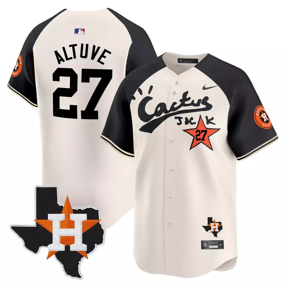 Jose Altuve 27 Houston Astros Jersey Cream Cactus Jack Texas Outline Men Black Orange