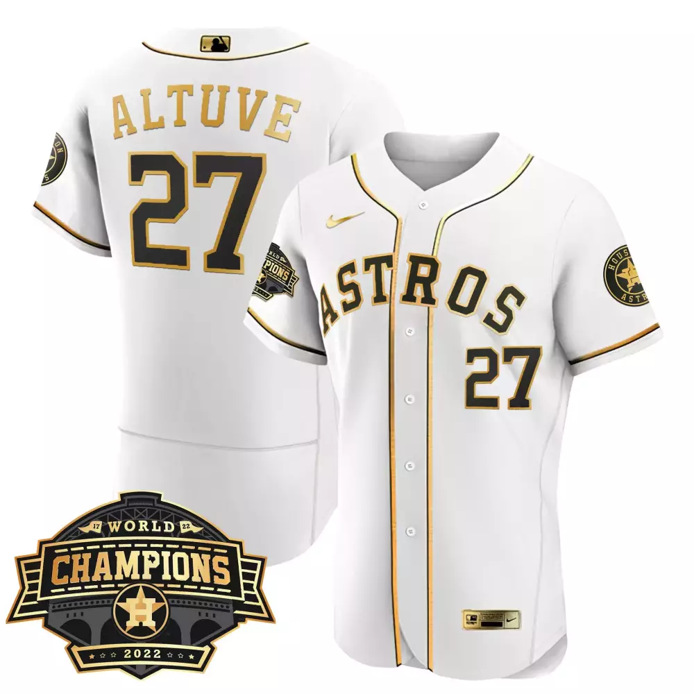 Jose Altuve 27 Astros Jersey White 2022 World Series Champions Men Gold Black Flex