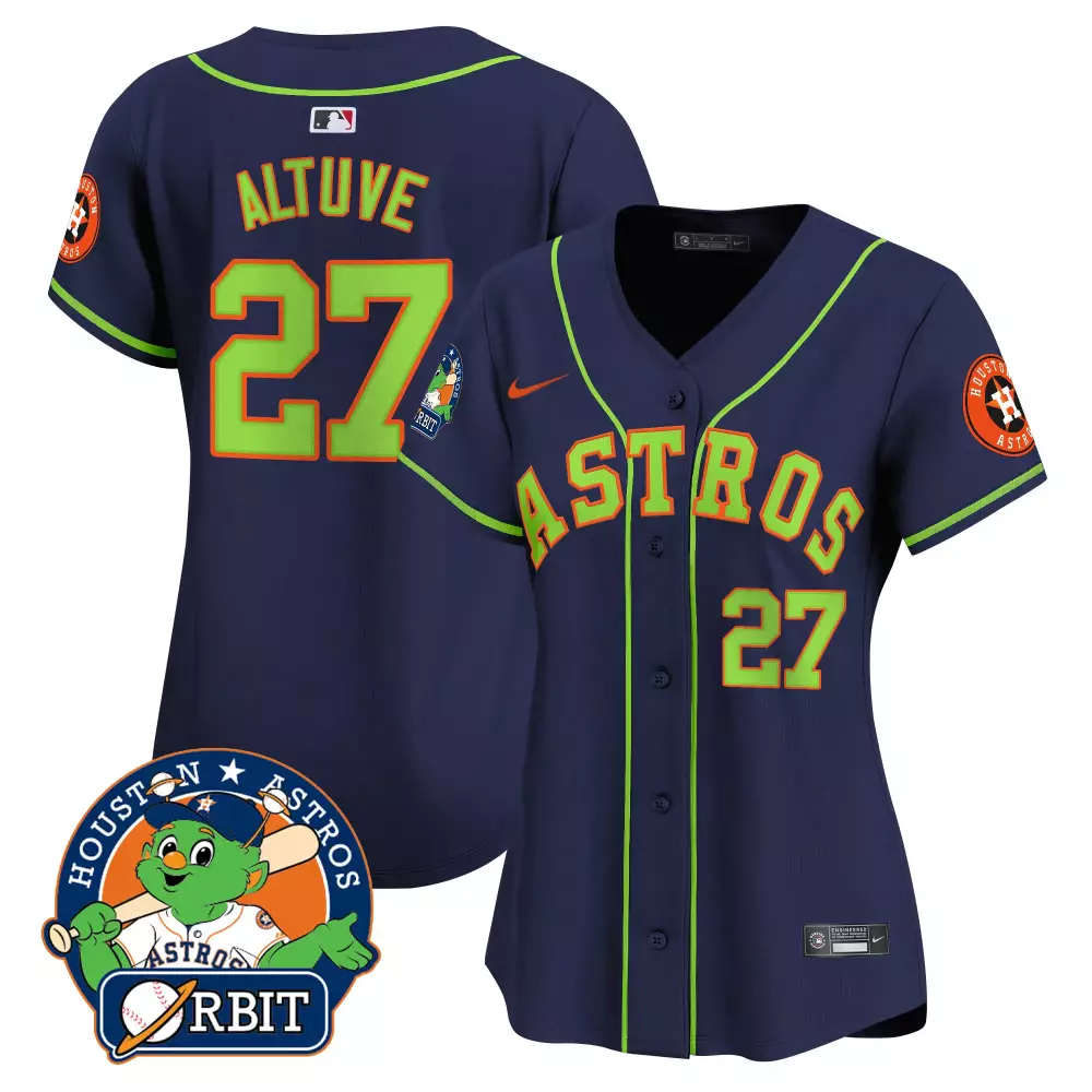 Jose Altuve 27 Houston Astros Jersey Navy Orbit Mascot Men Neon Green All Stitched