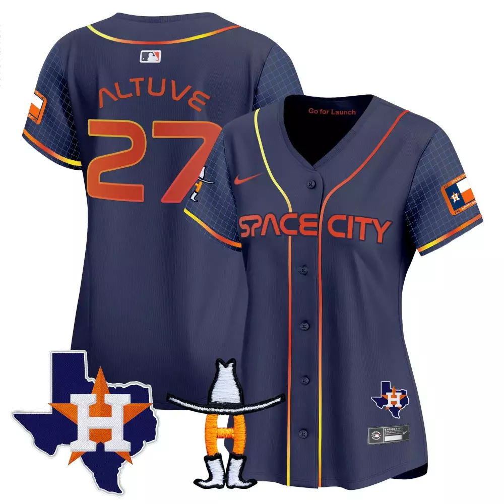 Jose Altuve 27 Houston Astros Jersey Navy Blue Space City Texas Flag Men Orange Yellow