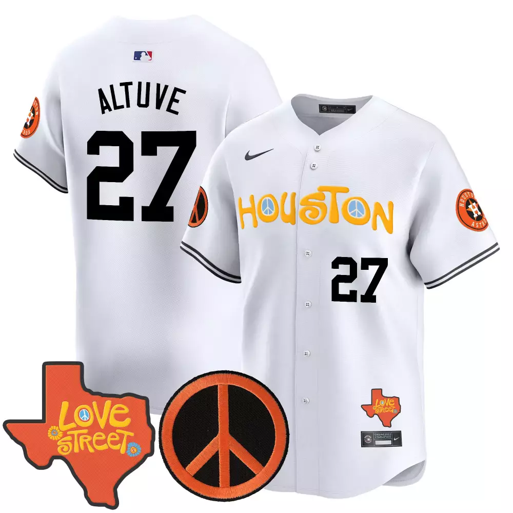 Jose Altuve 27 Houston Astros Jersey White Love Street Peace Sign Men Orange Yellow