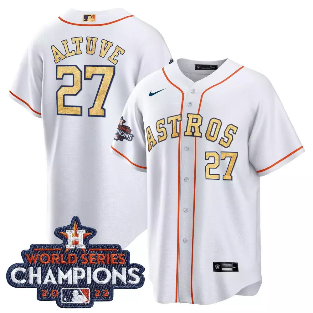Jose Altuve 27 Astros Jersey White 2022 World Series Champions Men Orange Gold All