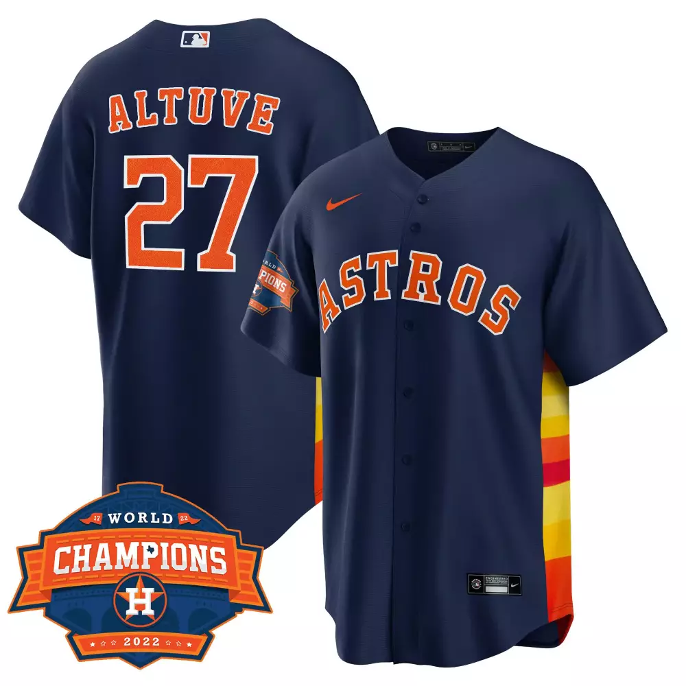 Jose Altuve 27 Astros Jersey Navy Blue World Series Champions 2022 Men Split Orange