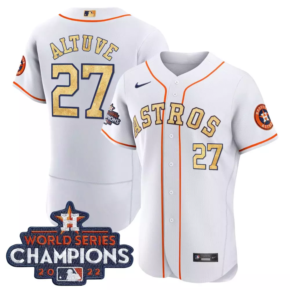 Jose Altuve 27 Astros Jersey White World Series Champions 2022 Men Orange Gold Flex