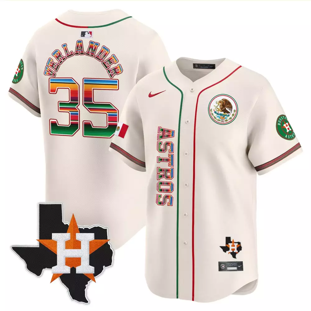 Justin Verlander 35 Astros Jersey Cream Mexican Heritage Mexico Flag Texas Outline 2023
