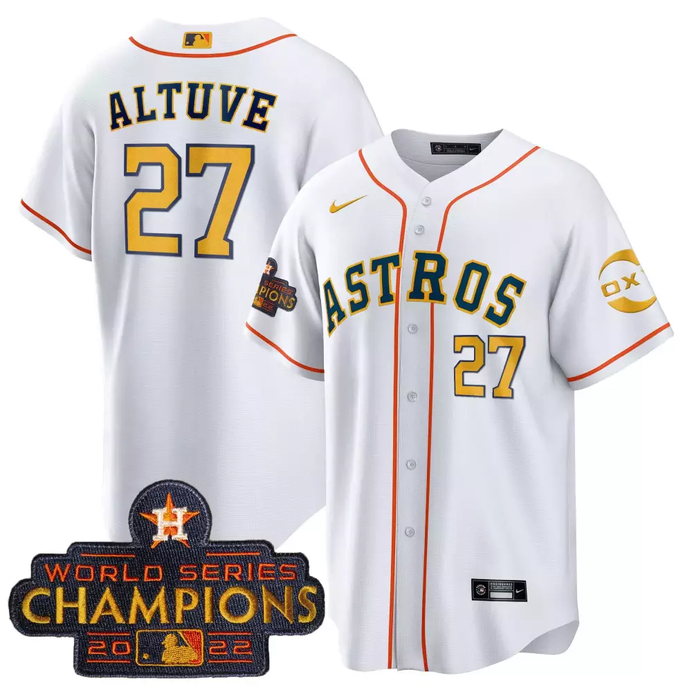 Jose Altuve 27 Astros Jersey White World Series Champions 2022 Men Orange Navy All