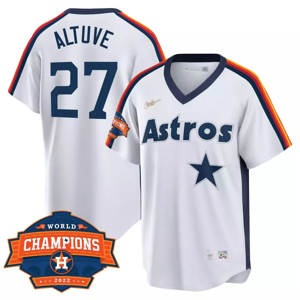 Jose Altuve 27 Astros Jersey White World Series Champions 2022 Men Navy Orange Yellow