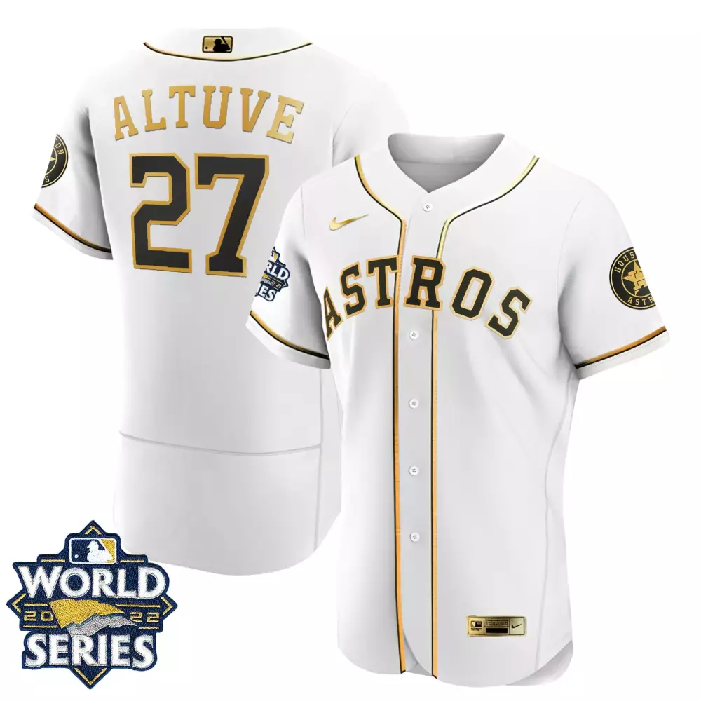 Jose Altuve 27 Astros Jersey White World Series 2022 Men Gold Black Stitched