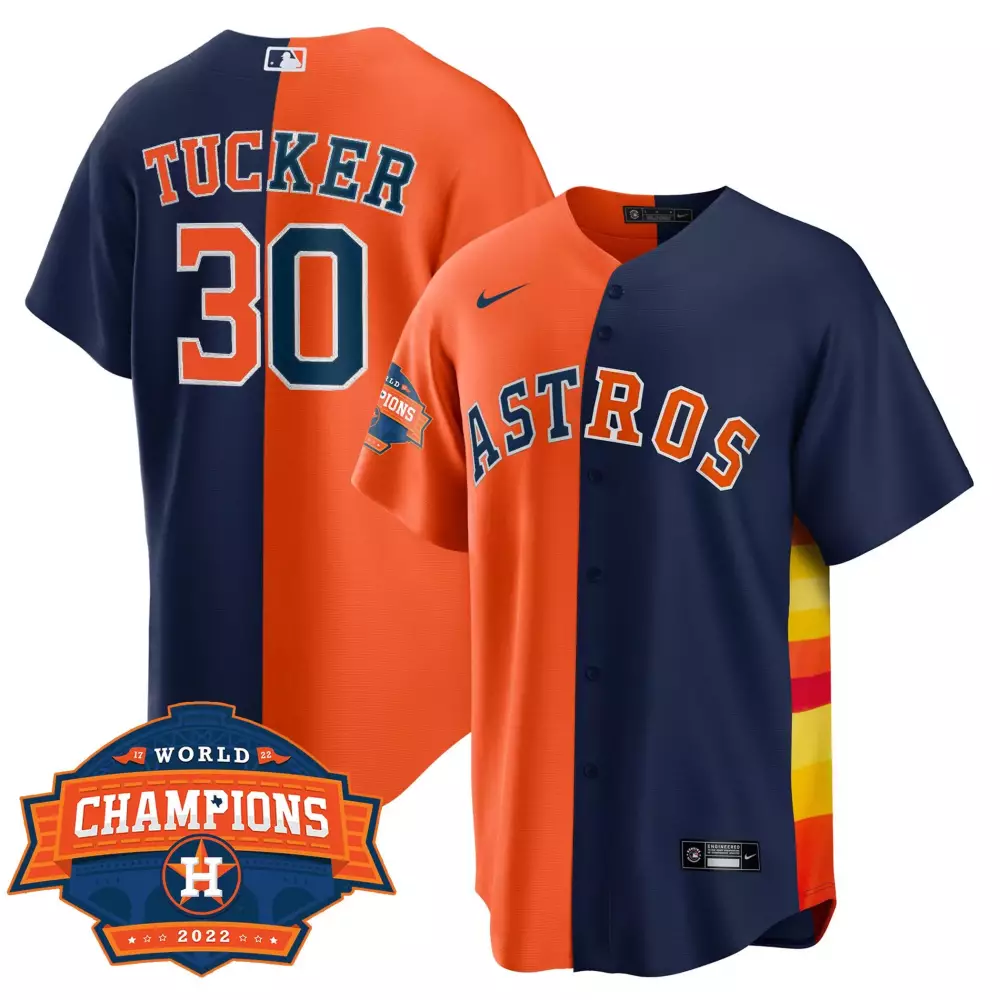 Kyle Tucker 30 Astros Jersey Navy World Champions 2022 Men Split Design Orange Yellow