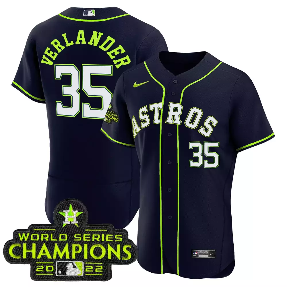 Justin Verlander 35 Astros Jersey Navy World Series Champions 2022 Men Neon Green