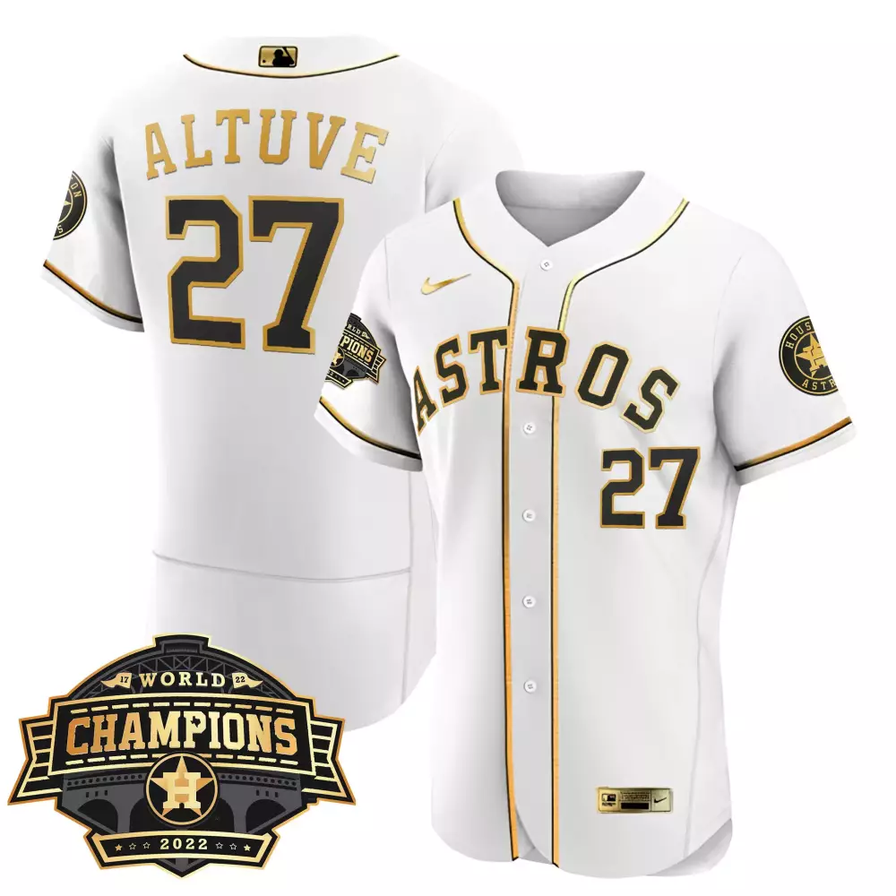 Jose Altuve 27 Astros Jersey White 2022 World Series Champions Men Gold Black All