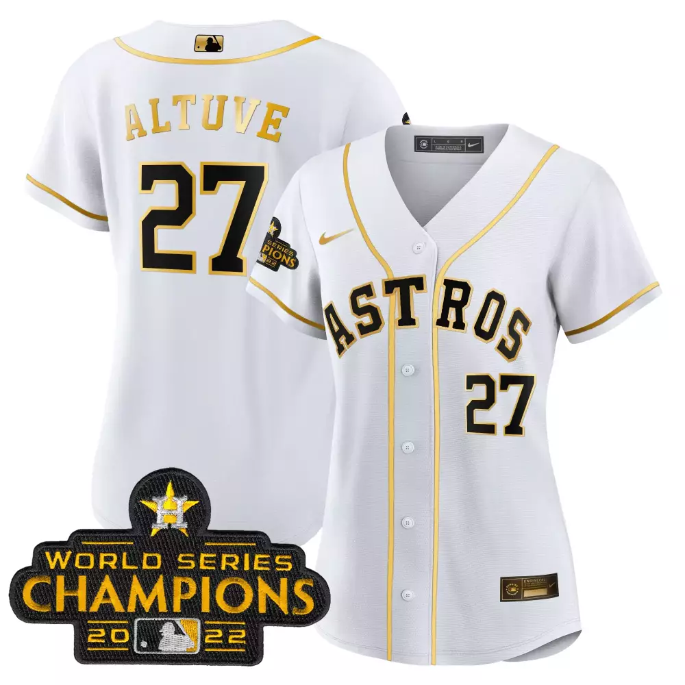 Jose Altuve 27 Astros Jersey White World Series Champions 2022 Men Gold Black Rush