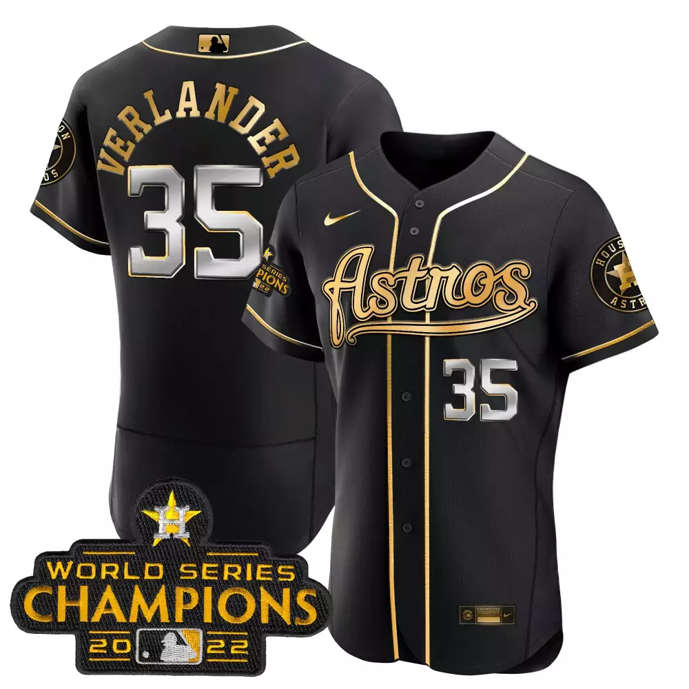 Justin Verlander 35 Astros Jersey Black World Series Champions 2022 Men Gold Silver