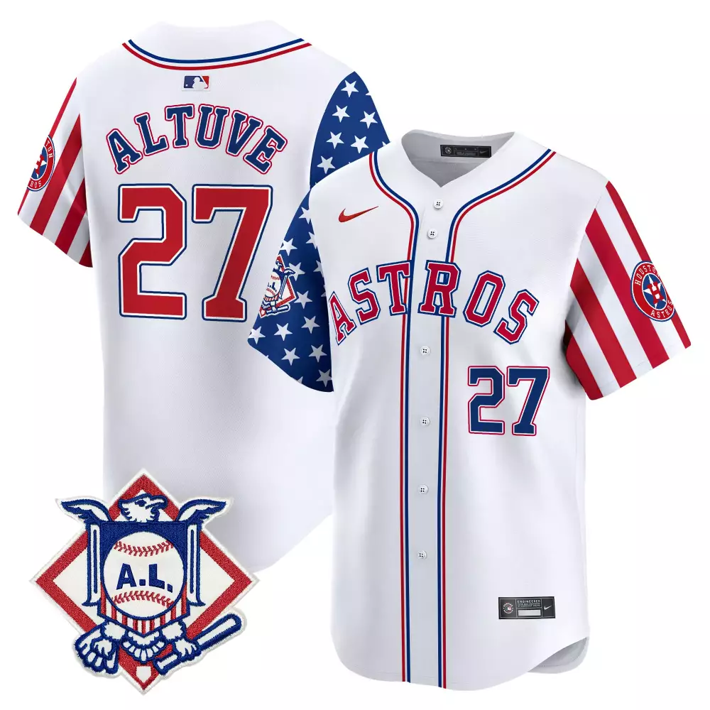 Jose Altuve 27 Astros Jersey White Al Men Split Design Red Blue Vapor Premier Limited