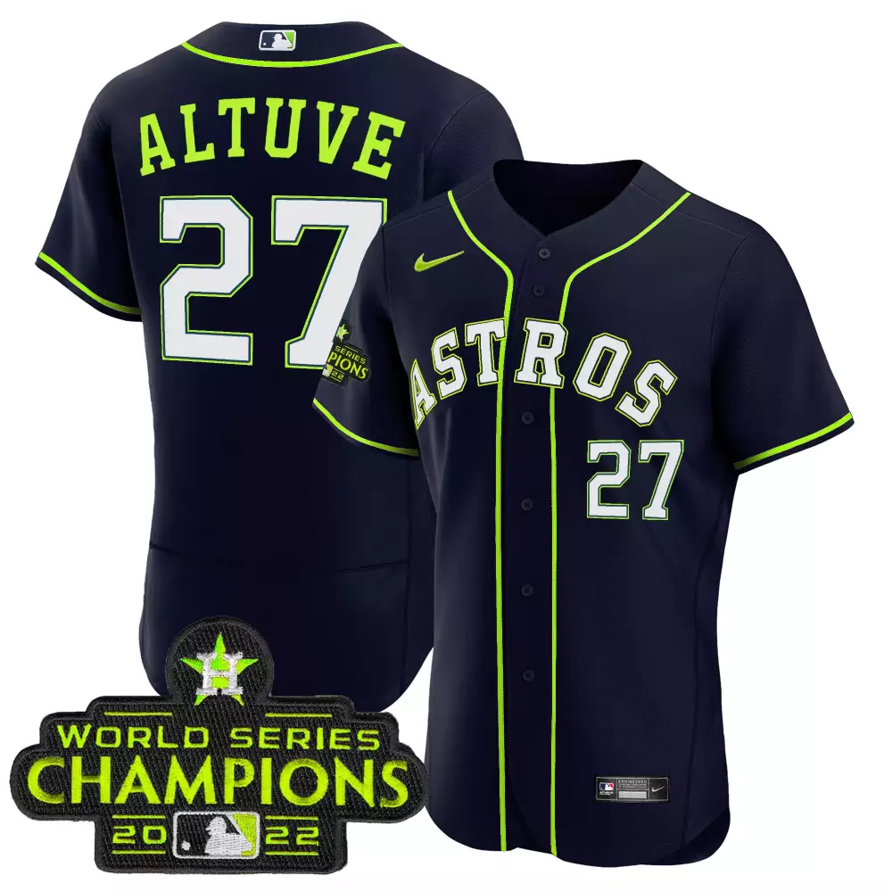 Jose Altuve 27 Astros Jersey Navy World Series Champions 2022 Men Neon Green White