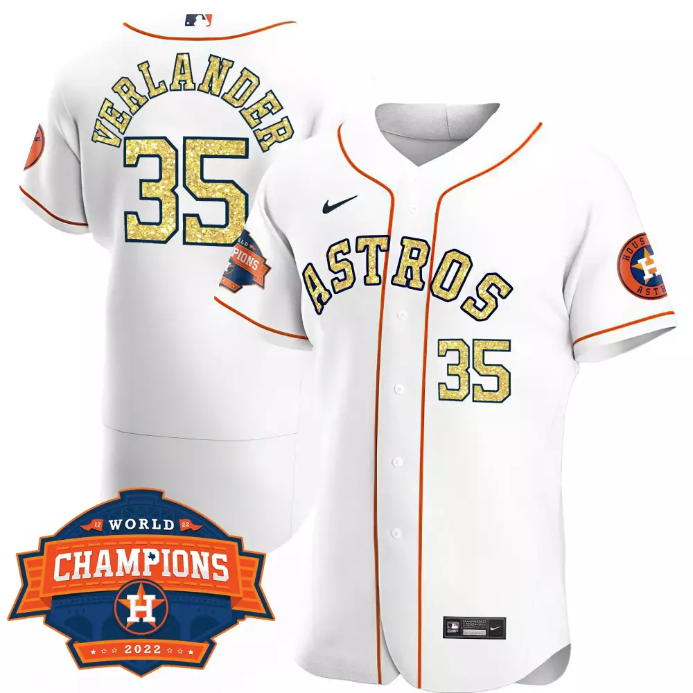 Justin Verlander 35 Astros Jersey White 2022 World Champions Men Orange Gold All