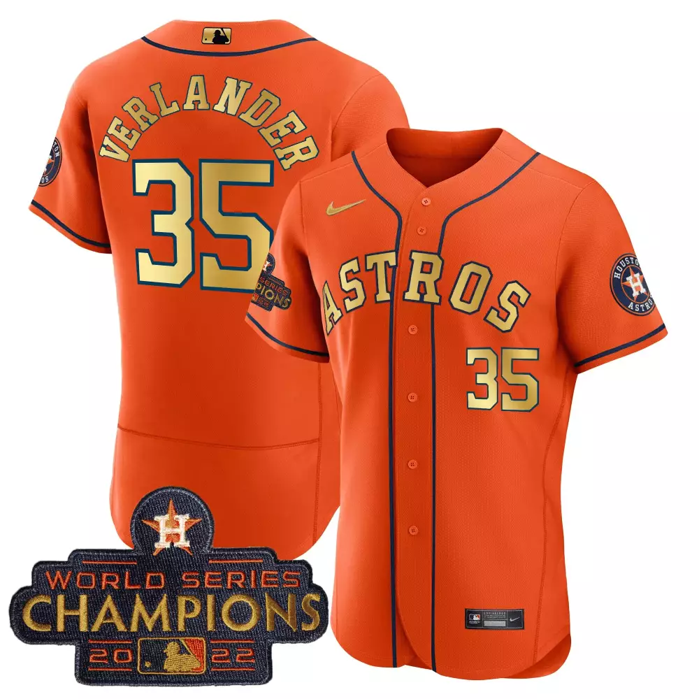 Justin Verlander 35 Astros Jersey Orange World Series Champions 2022 Men Navy Gold