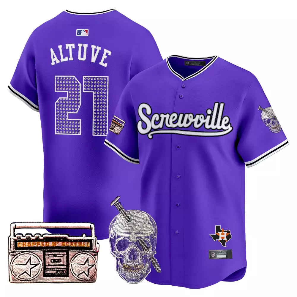 Jose Altuve 21 Screwville Jersey Purple City Connect Skull Texas Flag 2023 Men White