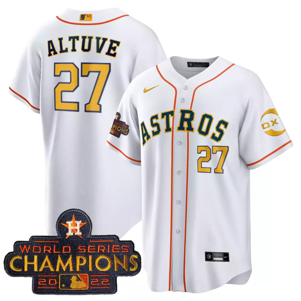 Jose Altuve 27 Astros Jersey White World Series Champions 2022 Men Orange Navy Yellow