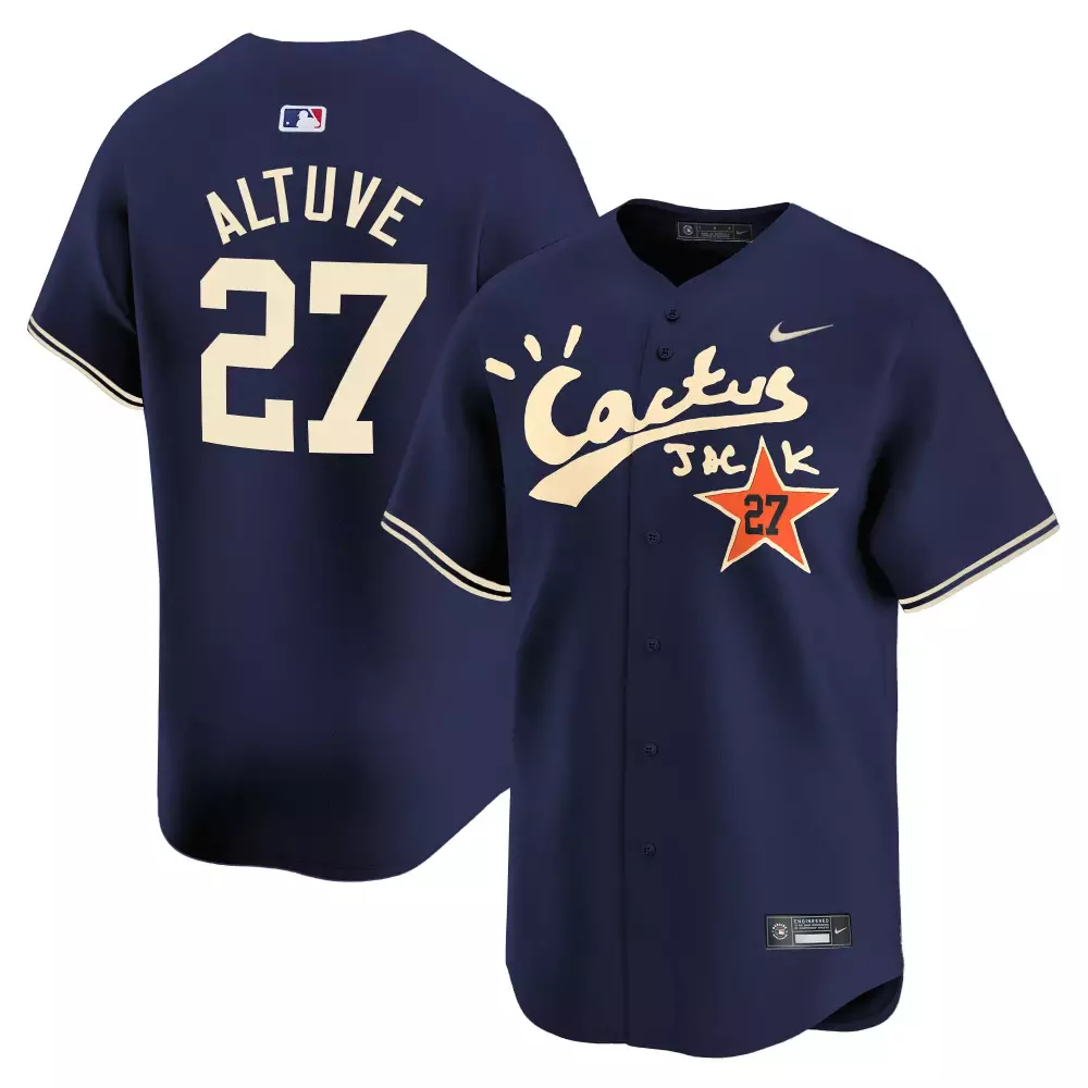 Jose Altuve 27 Astros Jersey Navy Blue Cactus Jack Men Cream Orange All Stitched