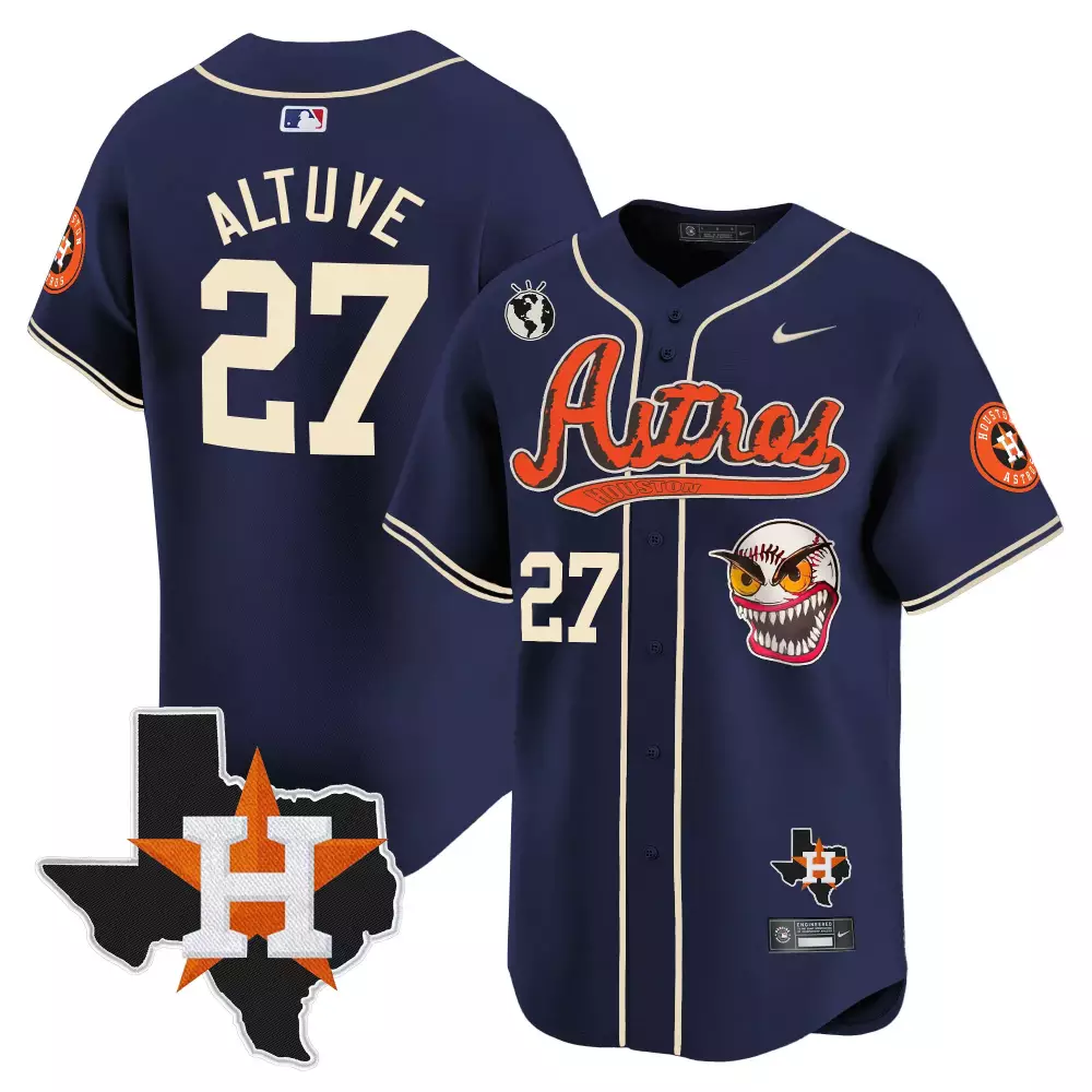 Jose Altuve 27 Astros Jersey Navy Texas Shape Houston Men Orange Cream All Stitched