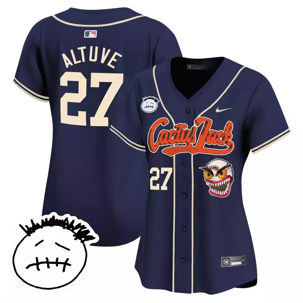 Jose Altuve 27 Houston Astros Jersey Navy Blue Cactus Jack Evil Eye Men Cream Orange