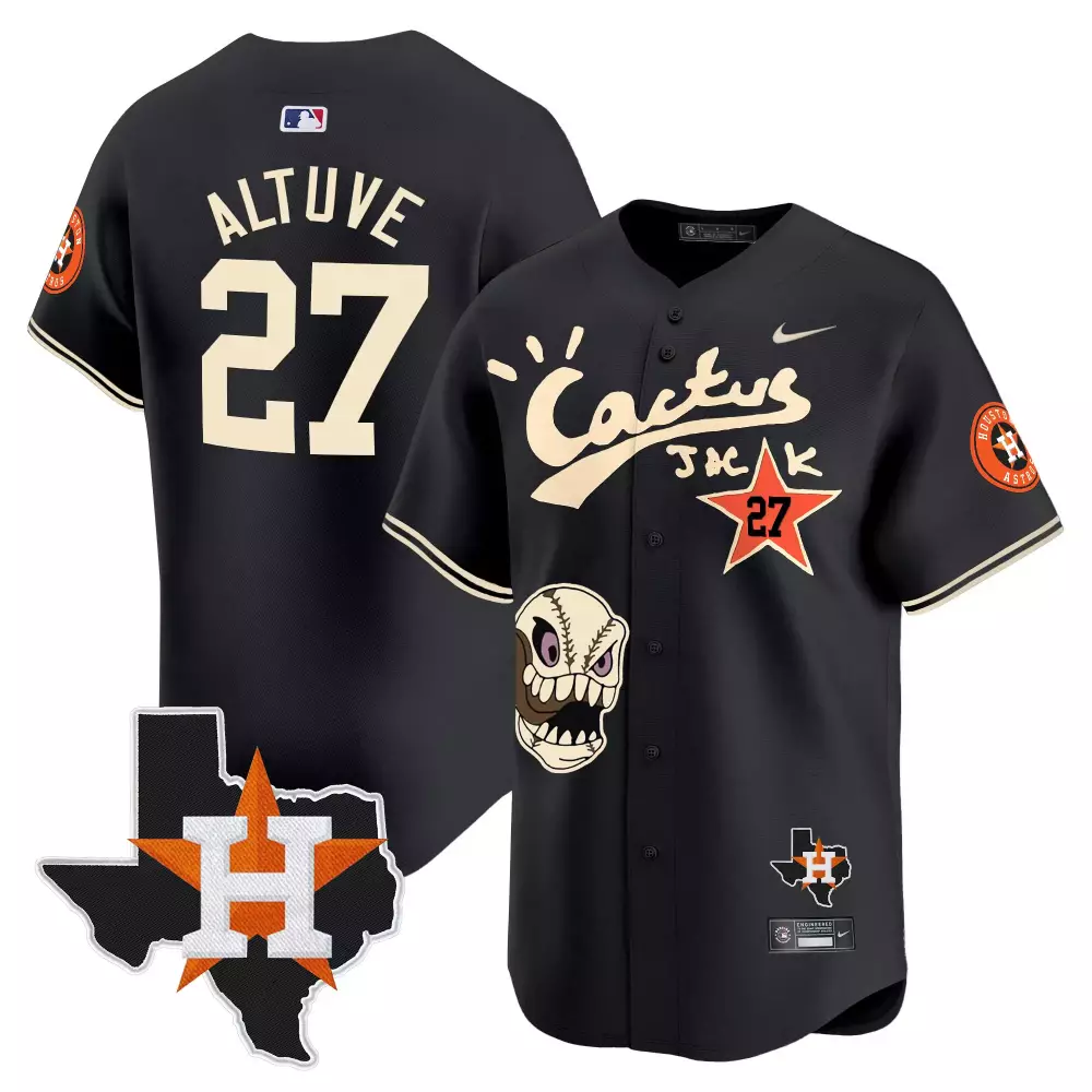 Jose Altuve 27 Houston Astros Jersey Black Cactus Jack Texas Outline Skull Men Orange