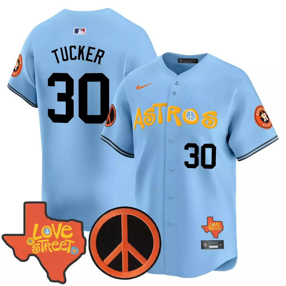 Kyle Tucker 30 Astros Jersey Light Blue Love Street Houston Peace Sign Men Black