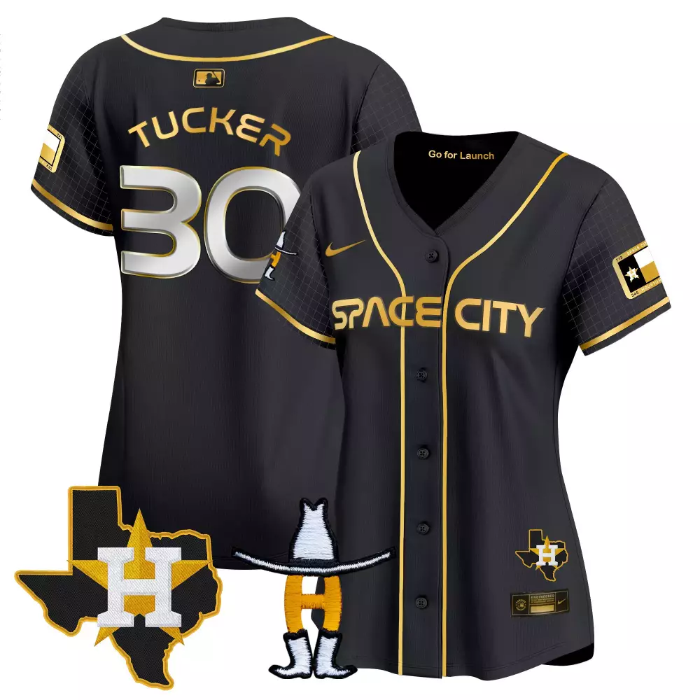 Kyle Tucker 30 Houston Astros Jersey Black Space City Texas Outline Astronaut Boots Hat